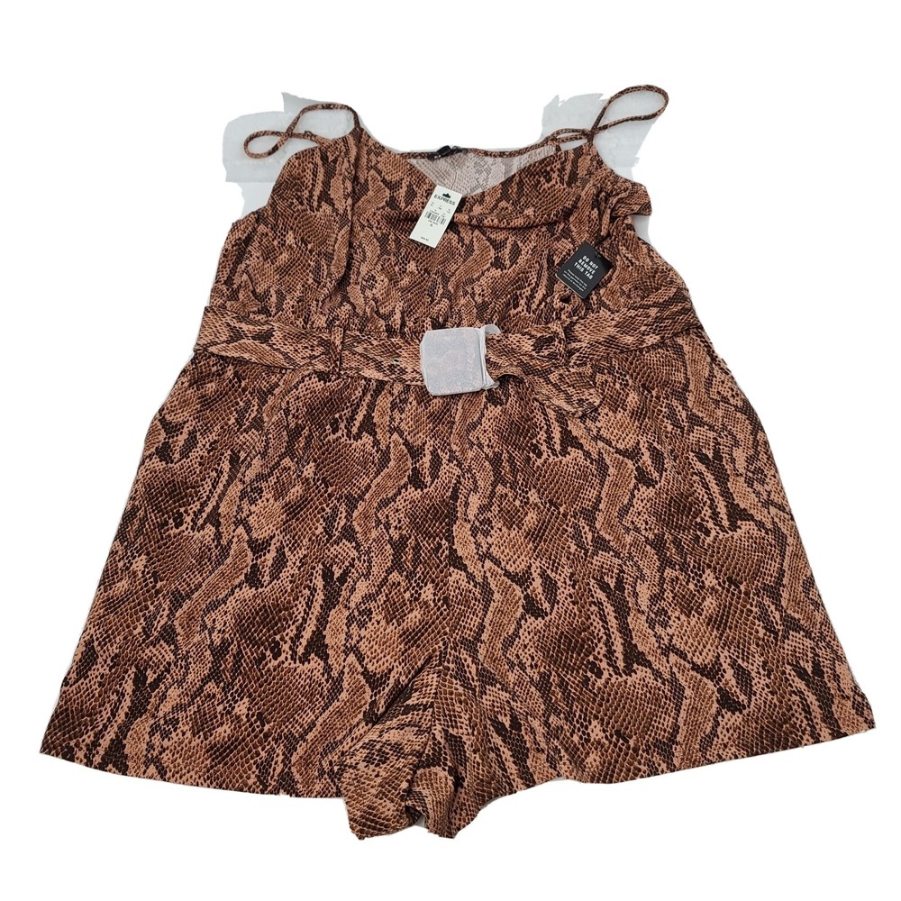 Express Brown Snake Print XL Belted Romper Shorts Stretch Spagetti strap NWT